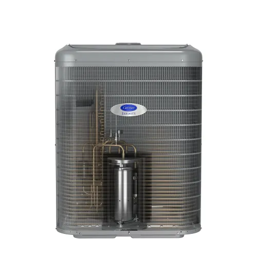 Gray Carrier Infinity air conditioner unit with visible internal copper pipes and compressor against white background