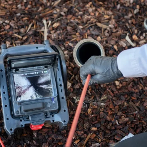 Plumber using a sewer camera to inspect underground pipe through an access point in mulch bed.