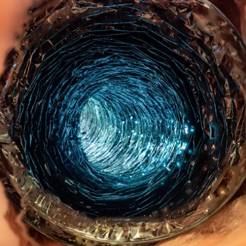 Inside a clean air duct with insulation around the perimeter