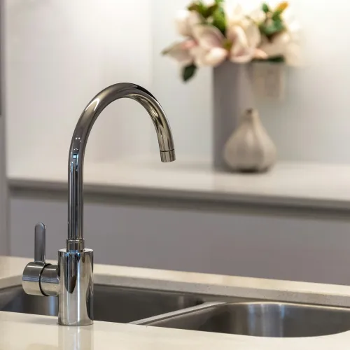 Modern stainless steel kitchen faucet over double sink with blurred floral decoration in background