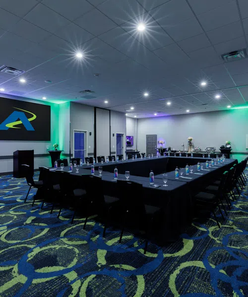 Modern conference room with U-shaped table setup, black chairs, blue and green patterned carpet, and abstract logo on screen.
