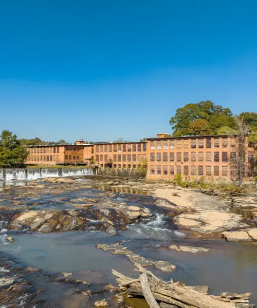 a building with a river running through it
