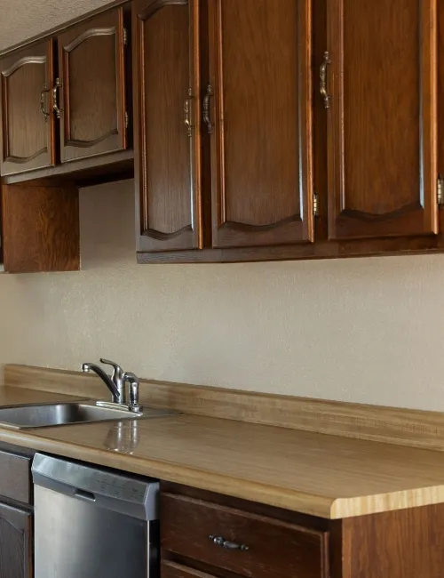 Kitchen with wooden cabinets, laminate countertop, stainless steel sink, and built-in dishwasher under the counter.