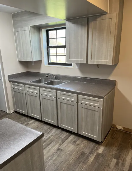 Modern kitchen with gray wood cabinets, dual sink, dark countertop, and wood-patterned flooring under natural light.