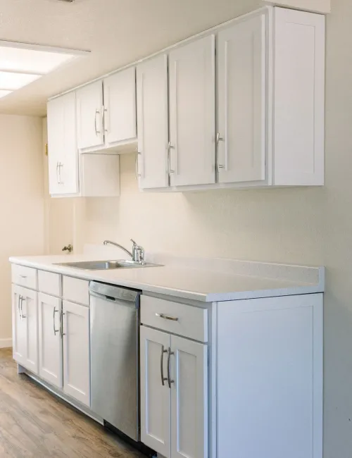 Modern white kitchen cabinets with stainless steel sink and dishwasher on wood flooring under soft lighting