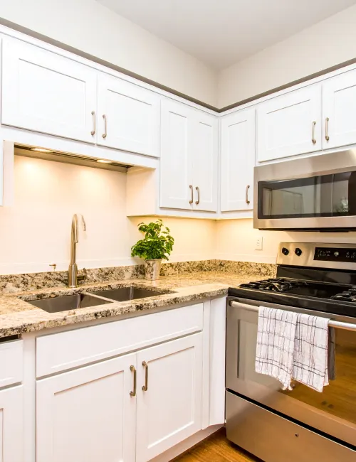 Modern kitchen with white cabinets, granite countertops, stainless steel stove, microwave, and a double sink under warm lighting