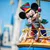 Mickey Mouse in colorful bandleader costume waving from a decorated float at a Disney castle parade under blue sky