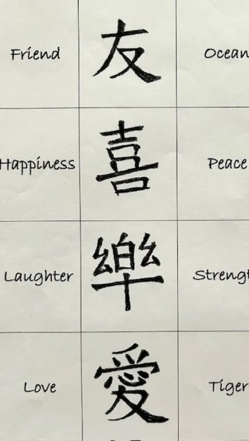 Grid of Chinese characters with English translations for friend, ocean, happiness, peace, laughter, strength, love, and tiger.