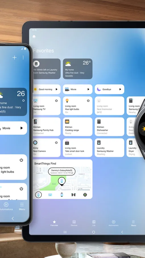Smartphone, tablet, and smartwatch displaying home automation and weather apps in a modern living room