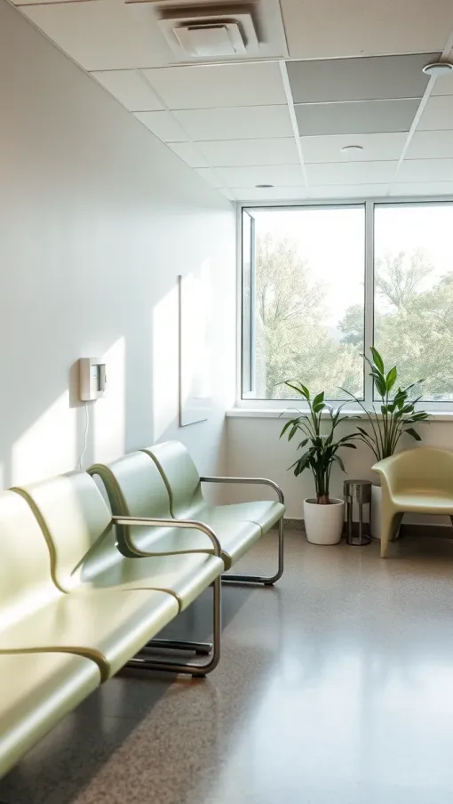 Bright waiting room with green chairs, large window, potted plants, and natural light illuminating the space.
