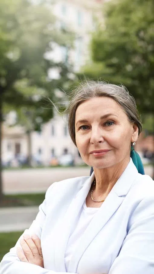 Confident mature woman with gray hair wearing white blazer standing outdoors with arms crossed.