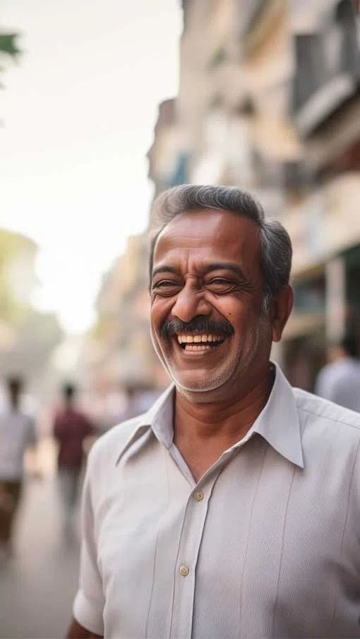 Smiling middle-aged man with a mustache wearing a light shirt stands on a busy street with blurred buildings and people.