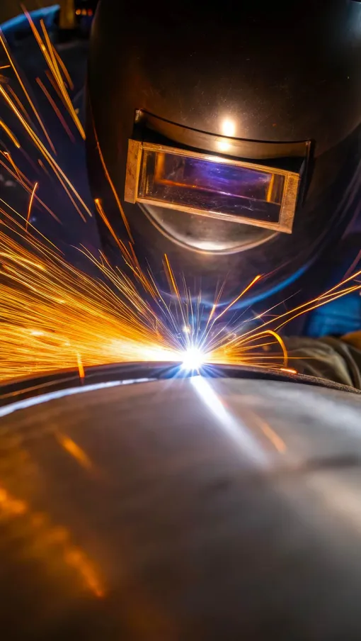 Welder wearing protective helmet sparks flying while welding a large metal pipe in industrial setting