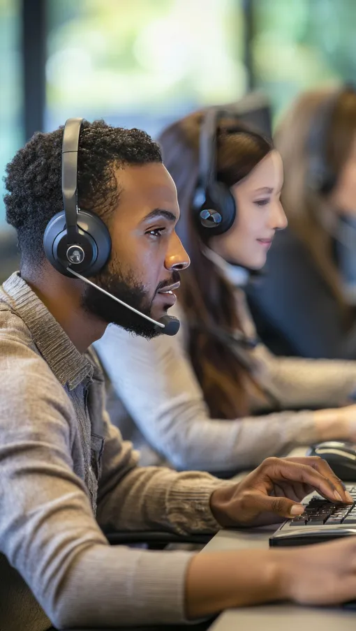 Customer service representatives wearing headsets working at computers in a call center environment