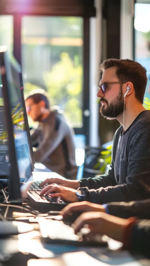 Man with beard wearing earphones focused on coding at computer in bright office with colleagues working.