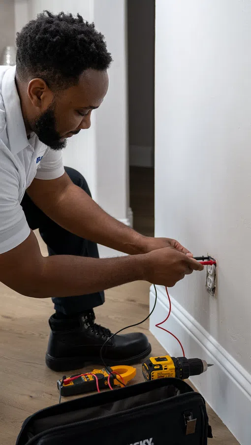 Electrician kneeling on floor fixing outlet wiring in a modern home with tools on wooden floor