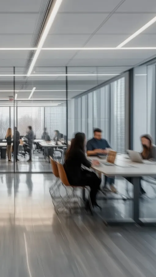 Modern office space with employees collaborating and working at desks surrounded by large windows.