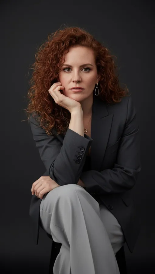 Thoughtful woman with curly red hair wearing a dark blazer and light pants seated against a dark background.