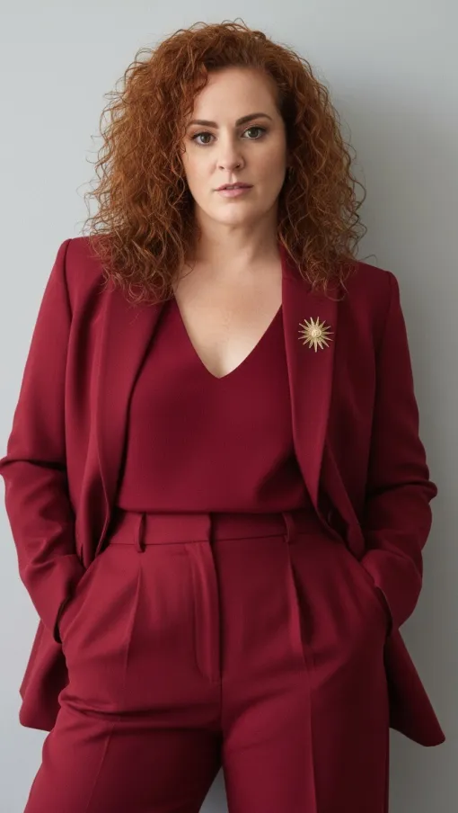 Confident woman with curly red hair wearing a red suit and gold sunburst brooch standing against a gray wall.