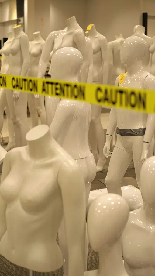 Group of white mannequins behind yellow caution tape in an indoor setting with no heads or arms on some.