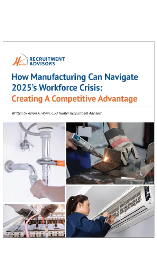Report cover on navigating manufacturing workforce crisis with images of plumbing, welding, electrical work, and HVAC repair.