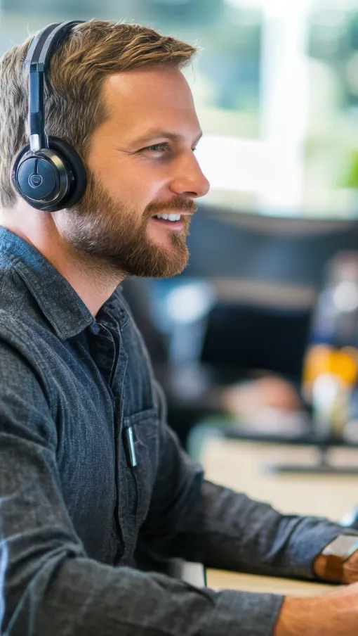 a man wearing headphones and sitting at a desk with a computer