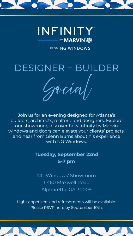 Invitation to Infinity by Marvin designer and builder social event at NG Windows showroom in Alpharetta, GA on September 22nd.