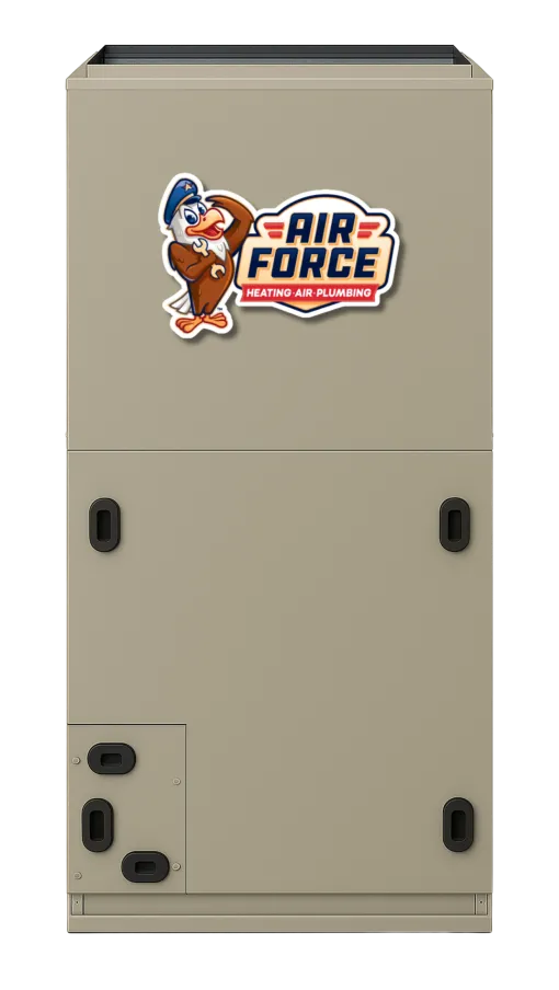 Beige Air Force HVAC unit with logo featuring an eagle mascot wearing a cap and wrench, for heating, air, and plumbing.