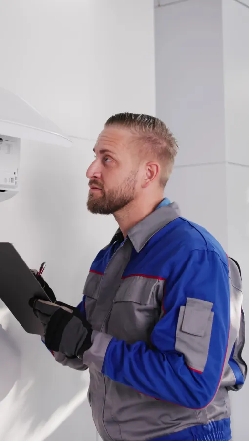 Technician inspecting and taking notes on a wall-mounted air conditioning unit during maintenance work.