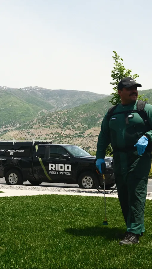Pest control technician in green uniform with sprayer on lawn, RIDO pest control truck in background mountainous area.