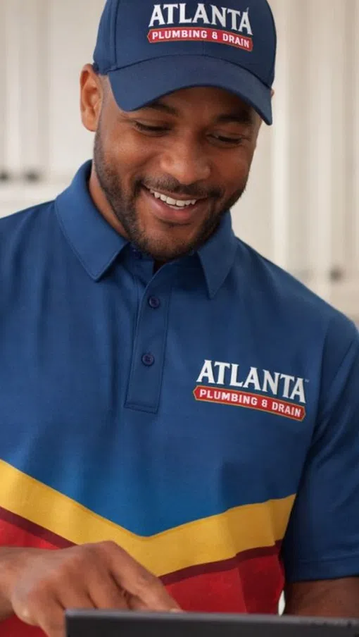 Atlanta Plumbing & Drain technician explains service details to a smiling female customer indoors.