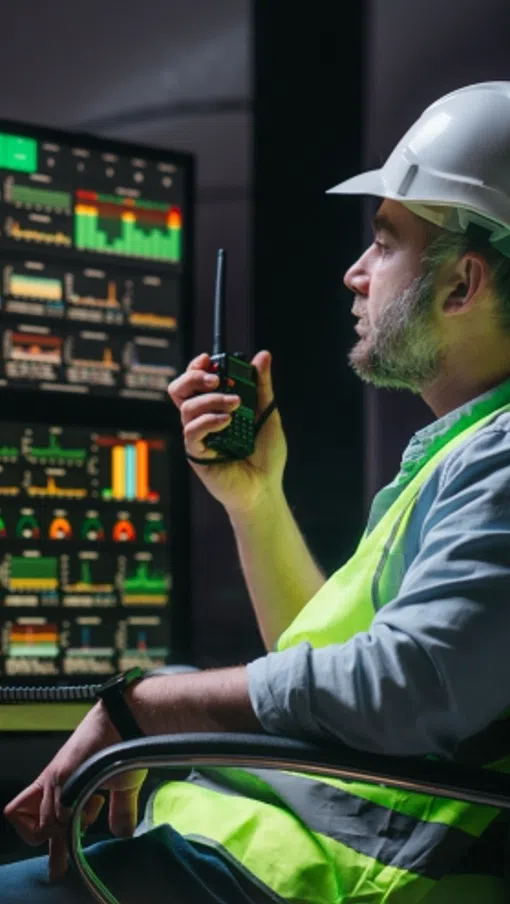 Engineer in safety vest and helmet using walkie-talkie while monitoring data on multiple screens in control room