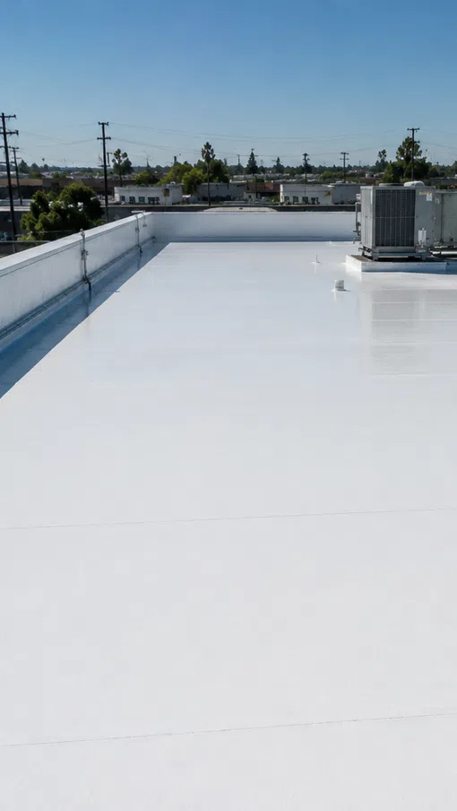 White flat commercial roof with HVAC units and rooftop drain under clear blue sky.