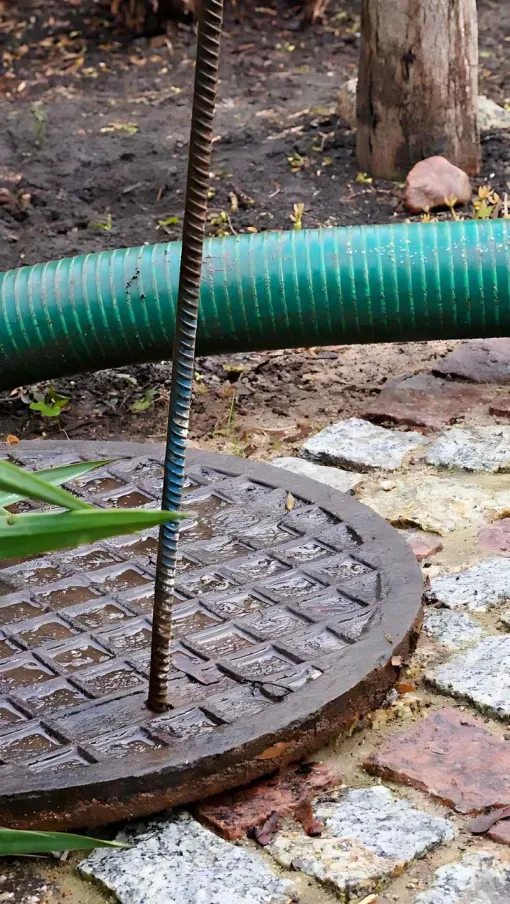 a blue bucket on a brick surface