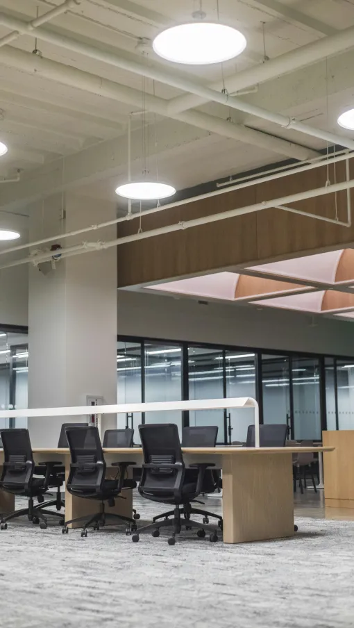 Two business colleagues smiling and giving a high-five in a bright modern office with paperwork and laptop on desk.