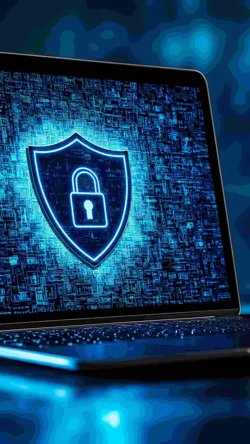 Laptop displaying a glowing shield with padlock symbol representing cybersecurity and data protection.