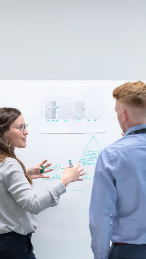 a man and a woman looking at a whiteboard