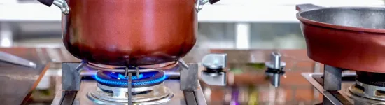 Red pot steaming on a gas stove burner with blue flame, next to a second pot on a reflective kitchen countertop.