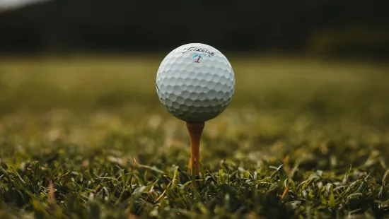 Close-up of a Titleist golf ball on a wooden tee in grass with blurred background.
