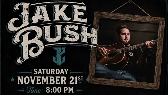 Jake Bush playing guitar in framed photo announcing concert at Falconhead Resort on November 21 at 8 PM.