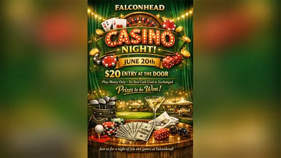 Casino night event poster with poker chips, cards, dice, and prizes at Falconhead on June 20th, $20 entry.