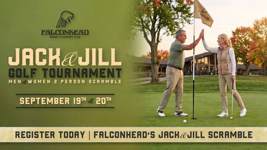 Couple high-fiving on golf course promoting Jack & Jill golf tournament at Falconhead Resort in September.