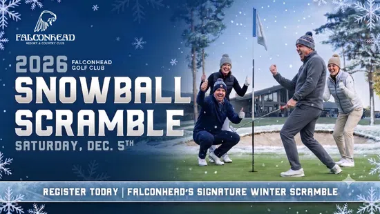Four people celebrating a golf shot on a winter golf course with snowflakes and event details for a 2026 Snowball Scramble.