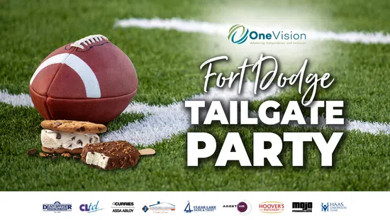 Football on grass field with ice cream treats and Fort Dodge Tailgate Party text and One Vision logo.