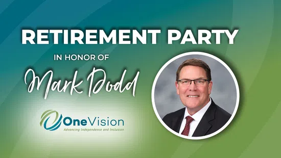 Retirement party announcement for Mark Dodd with OneVision logo and his portrait on blue and green background.