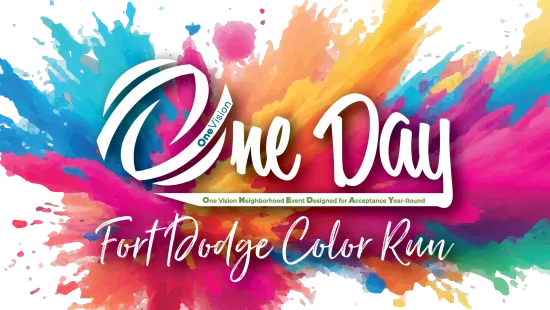 Colorful splash background with One Day Fort Dodge Color Run logo and acceptance-themed event text