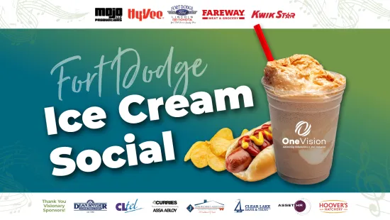 Fort Dodge Ice Cream Social event banner featuring hot dog, chips, and ice cream float on blue and green background.
