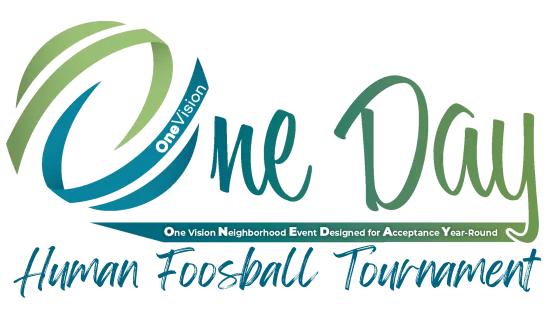 Logo for One Vision's Human Foosball Tournament event, featuring vibrant text and design elements.