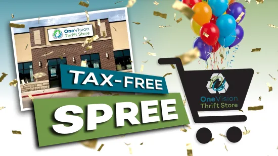 OneVision Thrift Store tax-free spree promotion with balloons, shopping cart, and confetti celebration effect