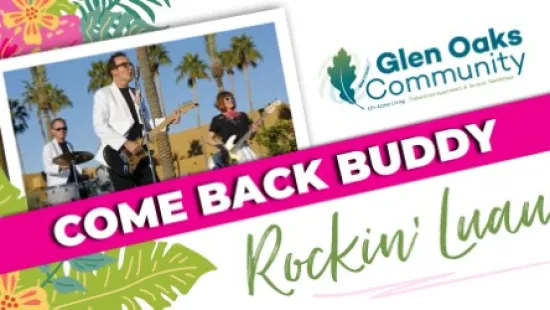 Glen Oaks Community Rockin' Luau event featuring a live band with guitars and drums outdoors.